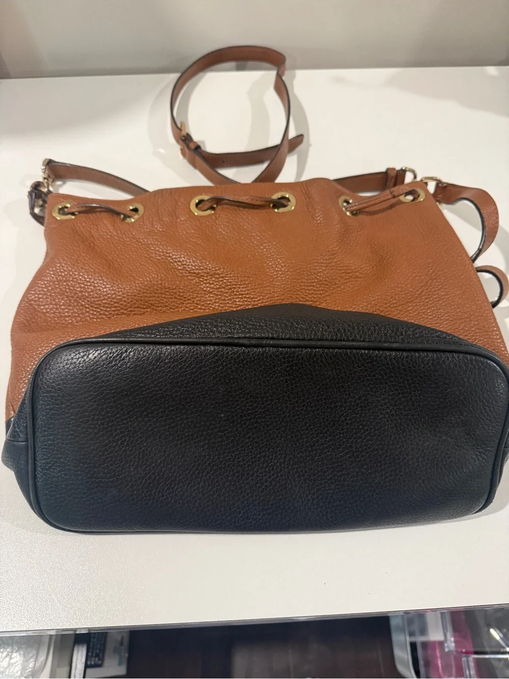 Michael Kors Brown & Black Pebbled Leather Drawstring Bucket Crossbody Bag